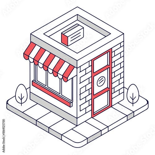 Isometric Virtual Store Icon Built with Digital Blocks, 3D E-commerce Shop Symbol for Metaverse, Online Retail and Tech Applications