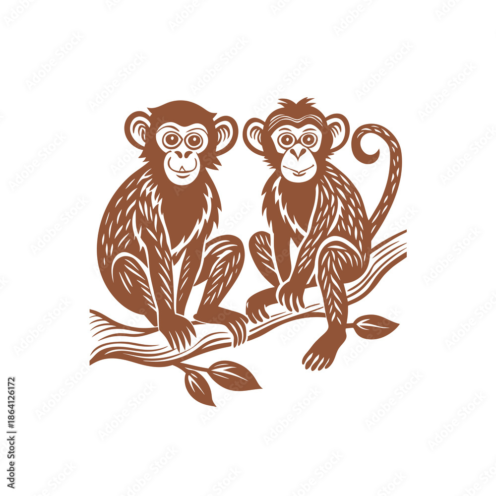 Obraz premium Two smiling brown monkeys sitting on a tree branch, depicted in a detailed illustrative style on a white background.