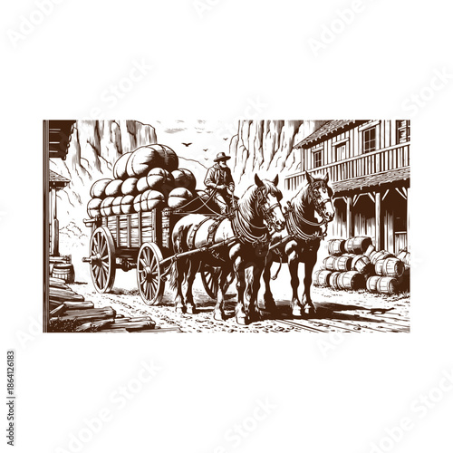 A man standing next to horse drawn wagon in front of old buildings