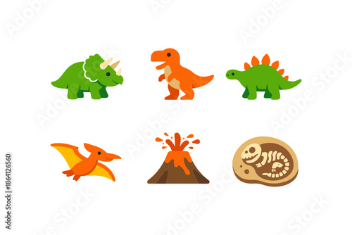 Cute dinosaur icons: triceratops, t-rex, stegosaurus, pterodactyl, volcano, fossil
