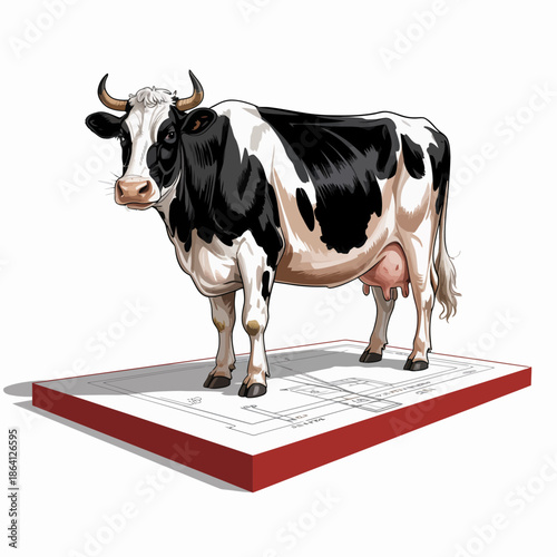 A realistic depiction of a black and white cow standing on a blueprint, blending nature with architectural elements symbolizing farming and agriculture innovation.
