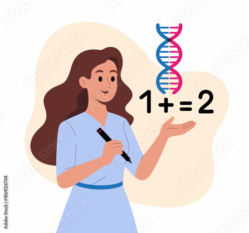 A young woman joyfully illustrating a math equation while engaging with a DNA double helix, representing the fusion of science and education in a vibrant and creative manner.