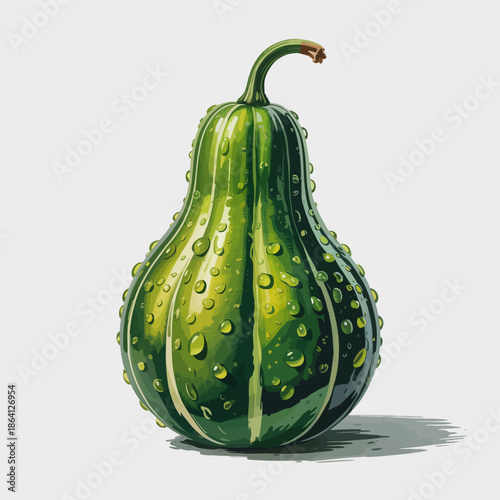 A stunning close-up of a fresh green gourd covered in water droplets, capturing the freshness and vibrancy of natural produce, emphasizing nature's beauty and delicacy.