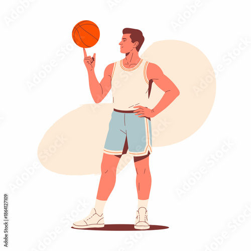 A young male basketball player skillfully balances a basketball on his finger while standing with confidence, showcasing athleticism, skill, and the joy of sports.