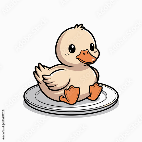 This adorable illustration features a fluffy duckling sitting happily on a plate, conveying cuteness and innocence in a playful and delightful manner.