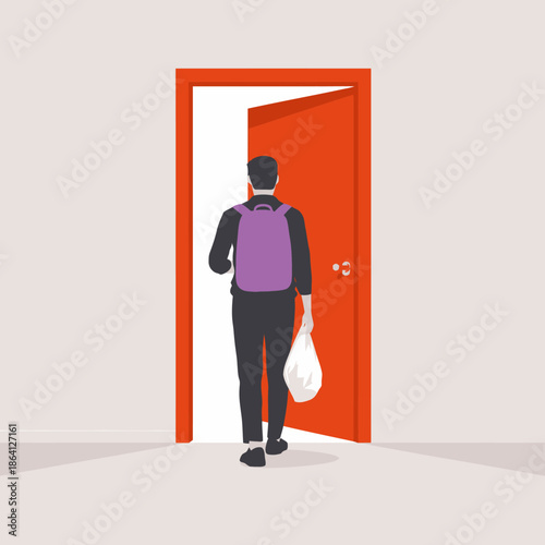 A figure is seen walking through a brightly colored red door, symbolizing new beginnings and opportunities, conveying a sense of movement and transition in life.
