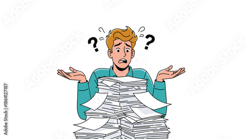 Confused man with large pile of documents flat vector illustration