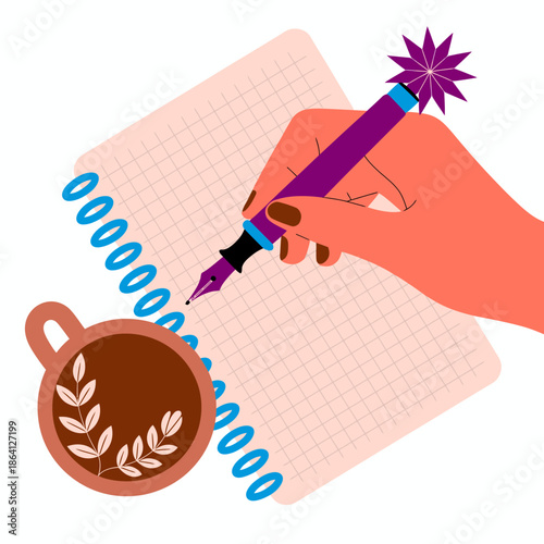 A creative hand writing on a notepad beside a coffee cup, accentuating the artistic process of note-taking and inspiration, while portraying a personal moment of creativity and focus.