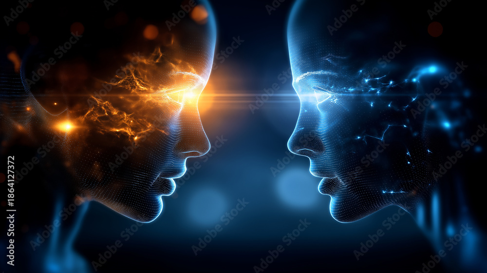 Obraz premium Two futuristic android faces in profile with glowing eyes, advanced AI interaction concept, faceless, defocused composition, with copy space