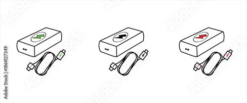 Portable Power Bank Icon Set – Black Outline and Solid Silhouette Charger Symbols Isolated on Transparent Background