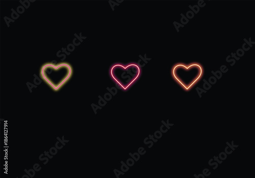 Minimalist Trio of Neon Glow Hearts in Gold Pink and Orange on Black Background