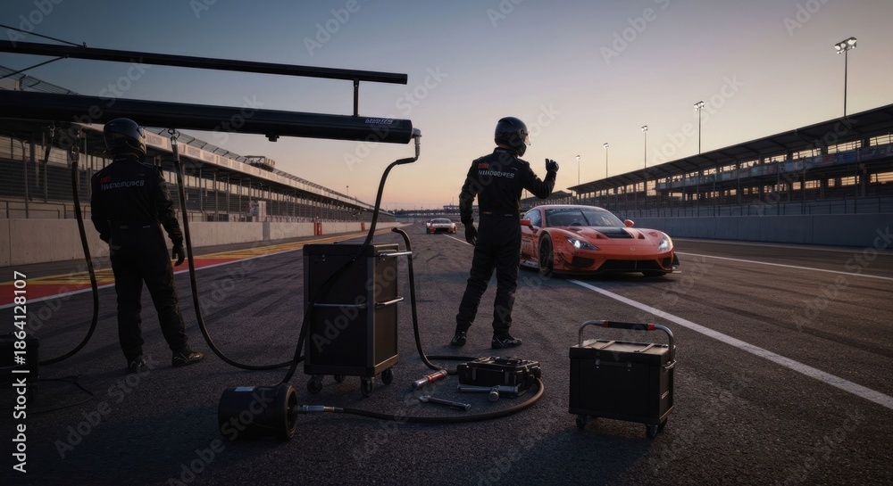 Fototapeta premium Racecar pitstop at dusk on racetrack