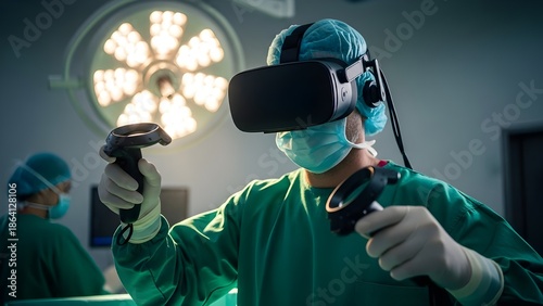 Surgeon Using Virtual Reality VR Headset for Medical Simulation in Operating Room