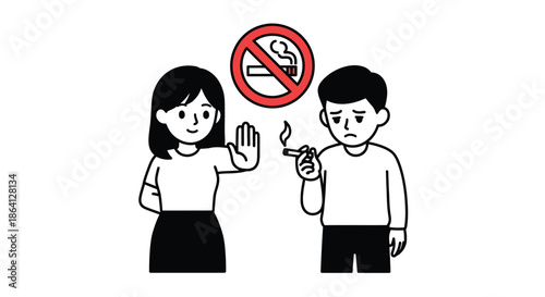 Illustration of a woman gesturing no to a man smoking a cigarette under a no smoking sign in a simple graphic style with a clear and direct mood on a white background.