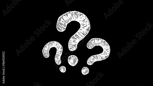 Hand drawn white chalk question marks animation on black background representing curiosity confusion uncertainty and brainstorming for educational tutorials and FAQ video segments.
