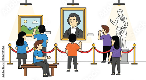 People viewing artwork and a sculpture in a gallery with rope barriers and red velvet ropes.