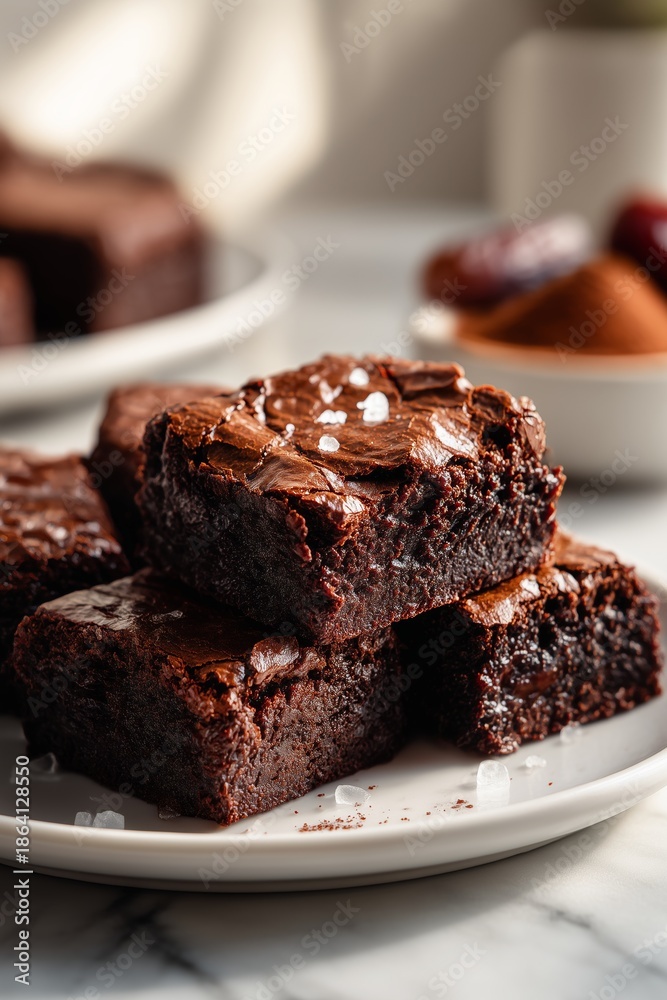 Obraz premium Brownies con sal marina sobre plato blanco, Primer plano de brownies de chocolate, Branding para pastelería artesanal, Fondo para receta de postre con chocolate