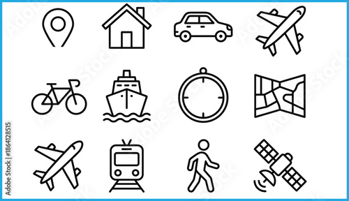Black and white vector icons set representing various transportation modes and navigation tools for travel, mobility, and location-based services