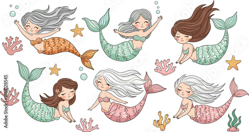 Cute mermaid characters set with different hair colors poses and tails cartoon underwater vector illustration