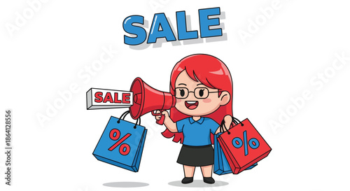 Cartoon woman with red hair holding shopping bags and a megaphone with sale signs on a white background.