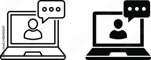 Minimal online chat communication icons showing laptop users messaging video call concept for remote work virtual meetings vector illustration design