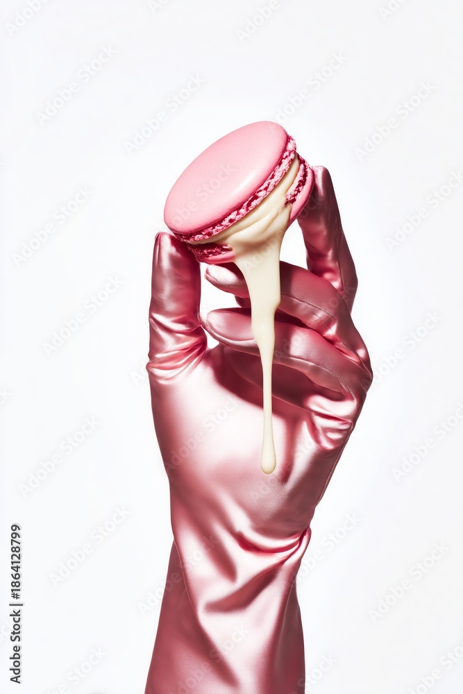 Obraz premium Macaron rosa con relleno cremoso y guante de satén, Goteo de crema blanca sobre macaron rosa, Imagen para marca de repostería de lujo, Mockup para packaging de macarons