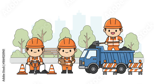 Three cartoon construction workers standing near a blue truck with traffic cones in an urban setting with green trees.