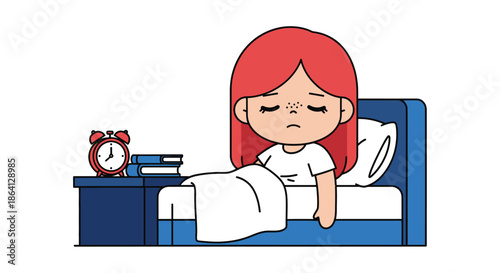 A cartoon red-haired girl lying in bed with a frown, beside a nightstand with an alarm clock on a white background.