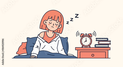 A young woman sleeps on a bed next to an alarm clock and books on a bedside table in a simple room.