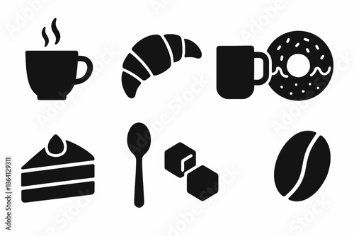 Coffee and bakery icons: cup, croissant, donut, cake, spoon, sugar cubes, coffee bean