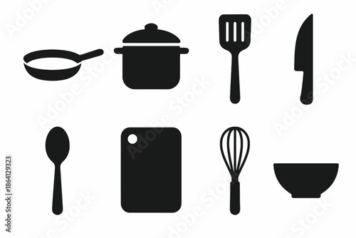Set of eight black cooking utensil silhouettes including pan, pot, whisk, and board