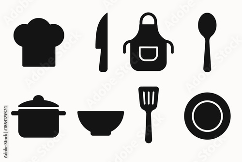 Silhouette icons of cooking tools including chef hat, knife, and utensils