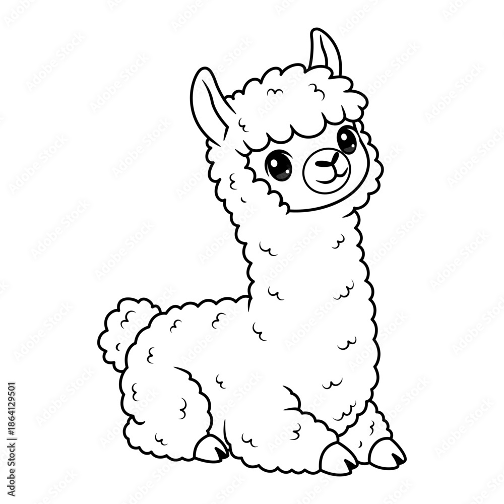 Obraz premium Cute llama coloring page for kids, fluffy alpaca character vector illustration
