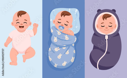 This charming illustration showcases three adorable babies in different states of sleep, capturing moments of innocence and tenderness in a creative and heartwarming style.