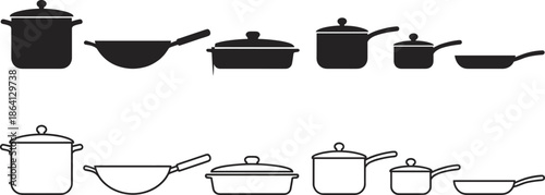 Minimal cookware silhouette icon set featuring pots and pans, modern kitchen equipment collection in monochrome style for cooking, culinary, and graphic design use