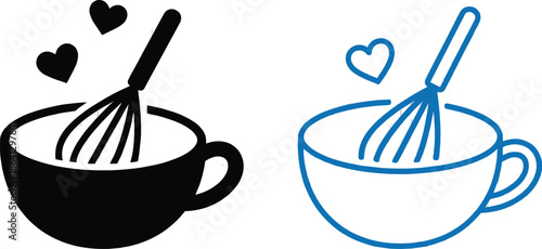 Minimalist coffee cup and whisk icon set with heart symbols, modern black and blue line art illustration for baking, café, and love themed designs