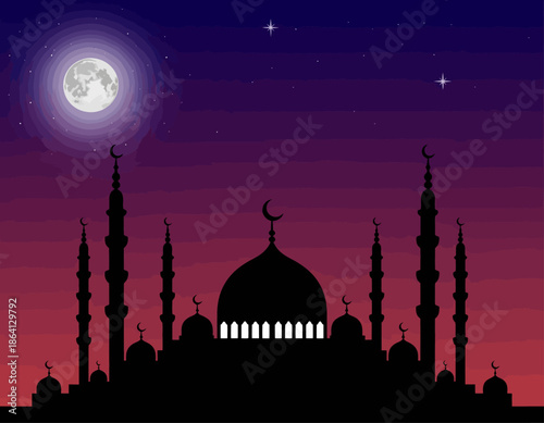 Photos This silhouette depicts a majestic mosque against a starry night sky, with a full moon casting a serene glow, symbolizing peace and spirituality in architectural beauty