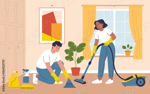 A cheerful couple engages in cleaning their living room, showcasing teamwork and organization while maintaining a clean and inviting home atmosphere for relaxation and enjoyment.