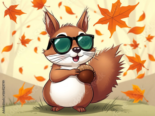 Squirrel in sunglasses enjoying autumn season, holding acorn