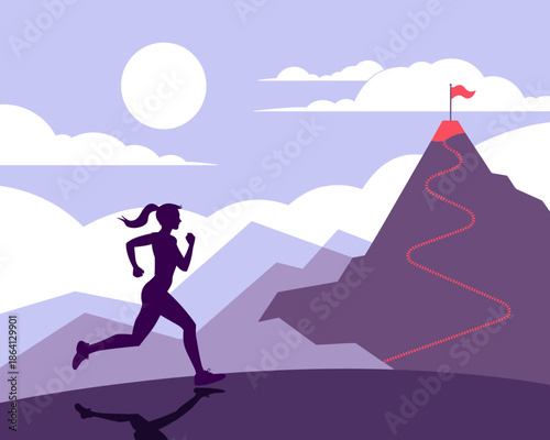 A silhouette of a woman running towards a mountain peak under a bright sky, symbolizing determination, ambition, and the pursuit of goals in a vibrant and energetic landscape.