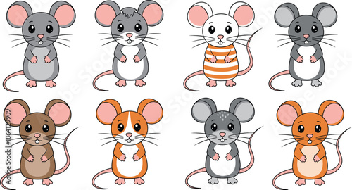 Cute mouse characters set with different fur colors outfits and standing poses cartoon vector illustration