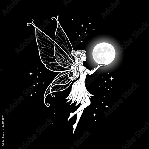 Whimsical fairy holding glowing moon in starry night sky