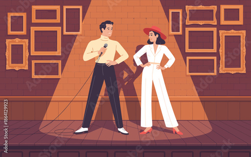 Two comedians performing stand-up under spotlight on stage, engaging the audience with humor and charisma while surrounded by framed pictures, creating a lively atmosphere.