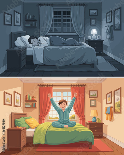 A child stretches excitedly in a bright, cheerful bedroom, embodying the joy of new beginnings and the comfort of a personal space filled with warmth and safety.