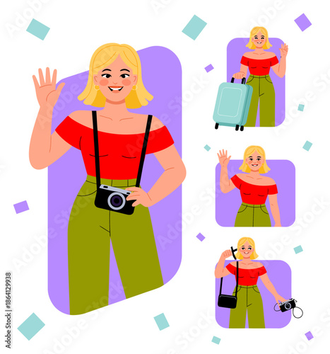 An enthusiastic traveler waves goodbye while holding a camera and suitcase, capturing the essence of adventure, exploration, and joyful memories in travel.