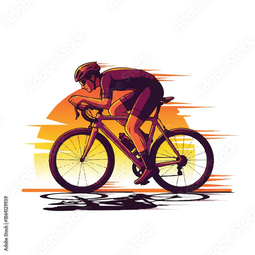 A dynamic flat vector illustration captures a professional road bike cyclist riding at high speed, silhouetted against a beautiful warm sunset lighting effect on a clean white background.
