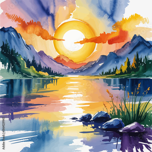 A breathtaking sunset over a tranquil lake, with mountains and colorful skies reflected in the water, evoking feelings of peace, serenity, and natural beauty.