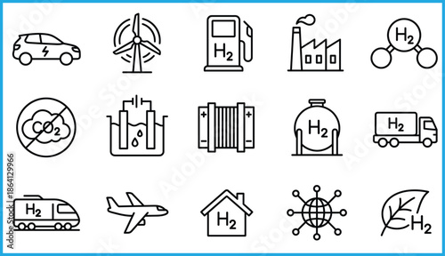 Hydrogen energy icon set, eco transport, fuel cell, H₂ pump, green power, CO₂ reduction, electrolysis, smart grid