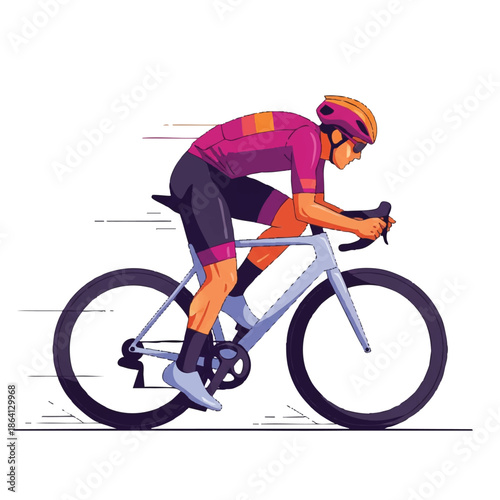 Dynamic vector illustration of a determined road cyclist leaning forward and speeding during golden hour, rendered in a flat 2D style with vibrant sunset colors on a clean white background.