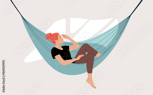 A serene woman relaxes in a light blue hammock, embodying tranquility and contemplation as she enjoys her leisure time in a peaceful setting without distractions.